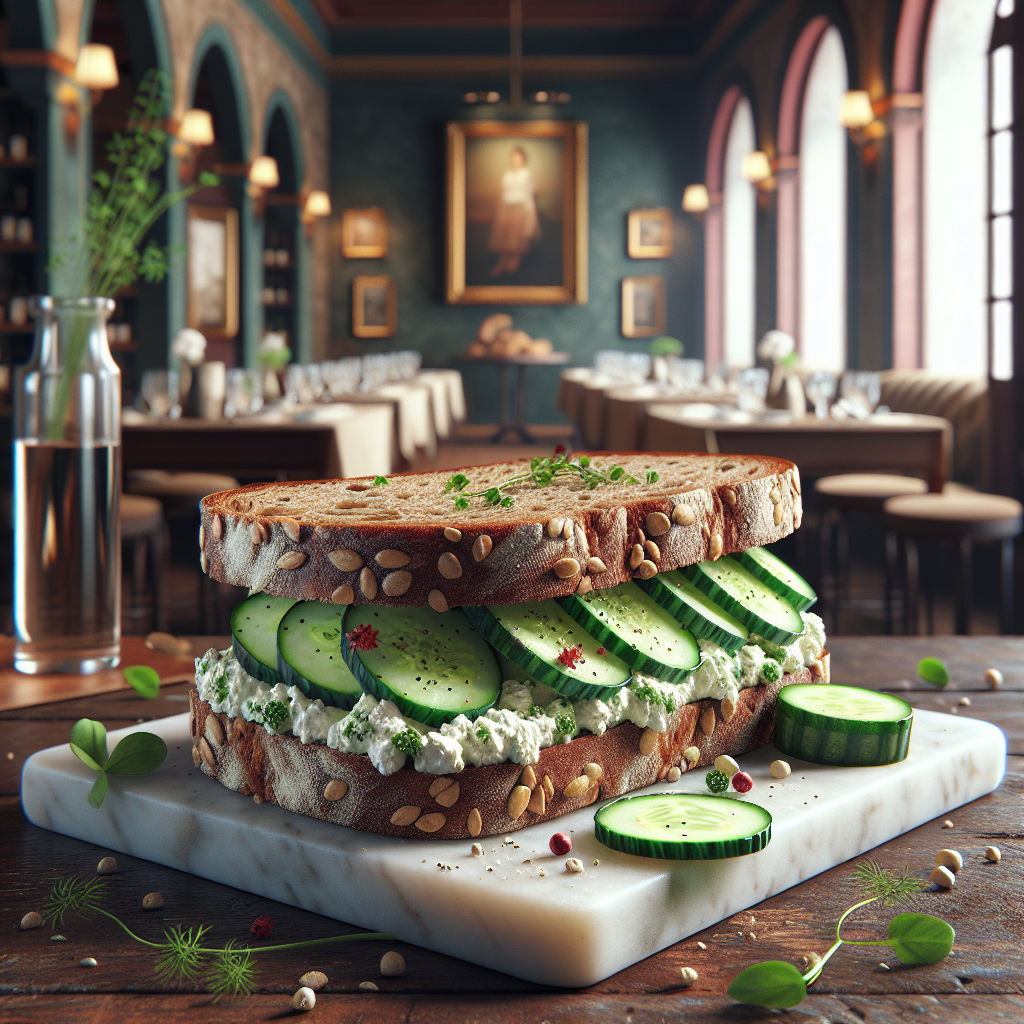 Cucumber and goat cheese sandwich on a marble cutting board with sliced cucumbers.