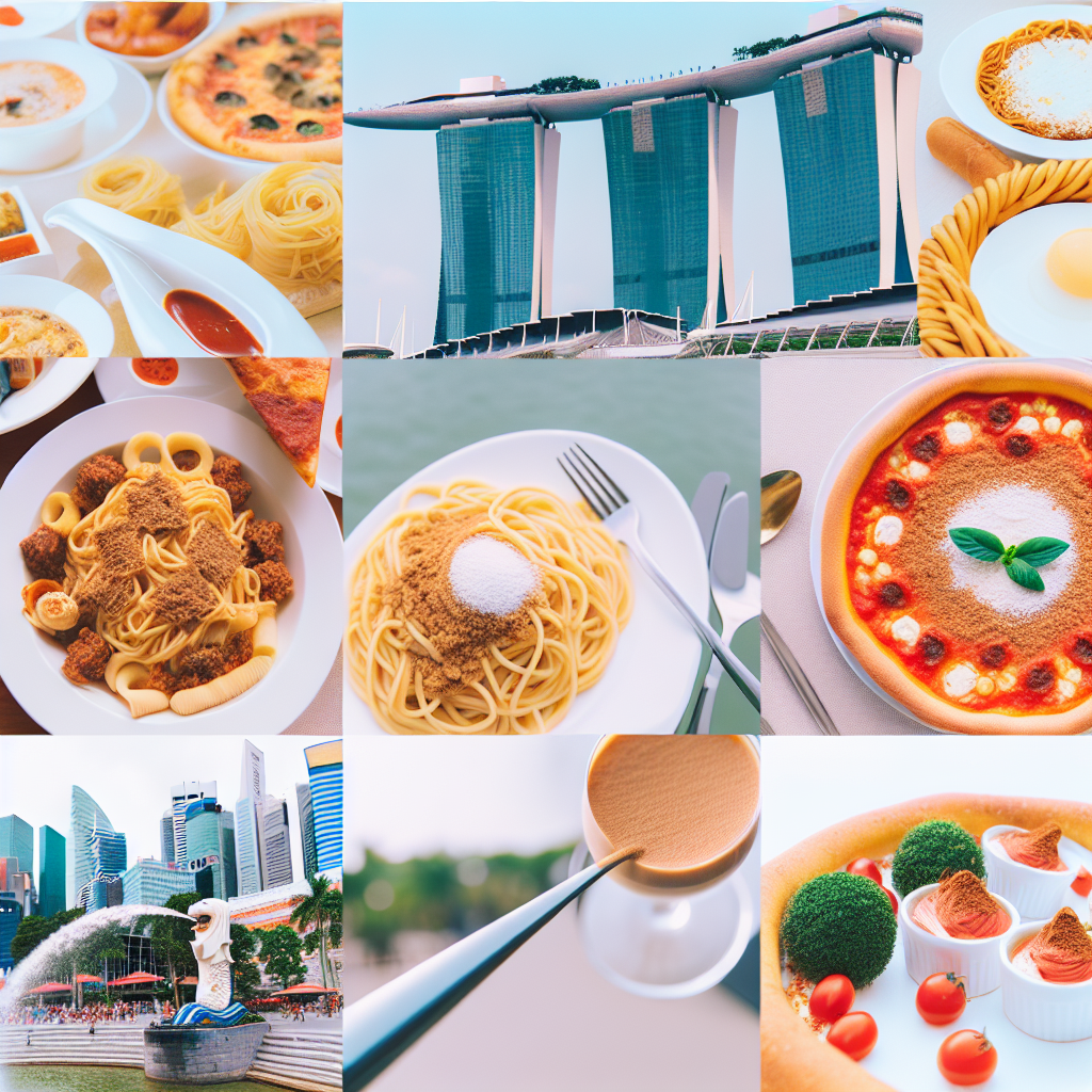 An assortment of Italian food dishes alongside a view of Singapore's Marina Bay Sands.