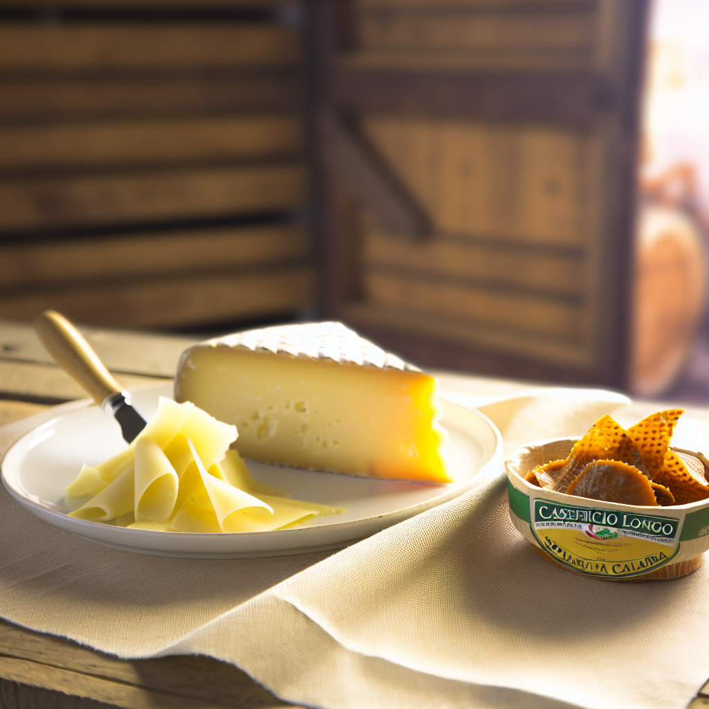 A plate with slices of cheese and a wedge of Spianata Calabra cheese next to a bowl of cheese crisps.