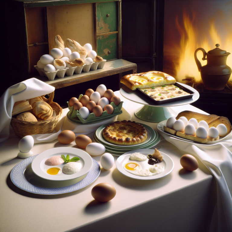 An assortment of eggs and baked goods arranged on a table with various dishes featuring eggs.