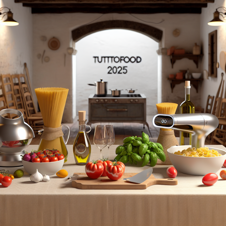 A display of Italian cooking ingredients and tools, including pasta, tomatoes, and olive oil in a kitchen setting.