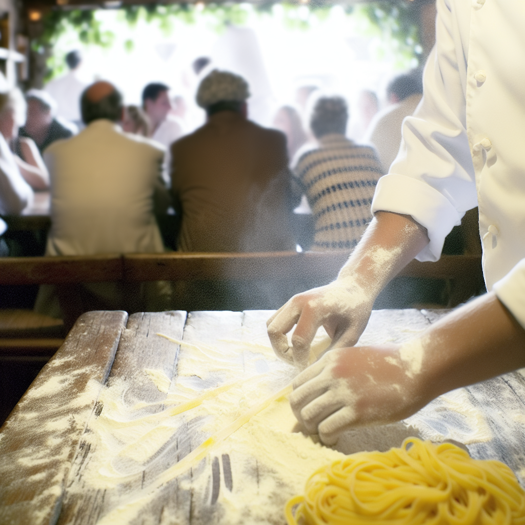 Chef's hands covered in flour while preparing fresh pasta on a wooden table.