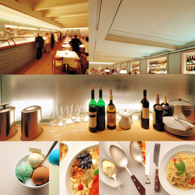 Interior view of an Italian restaurant with food items and drinks displayed on a table.