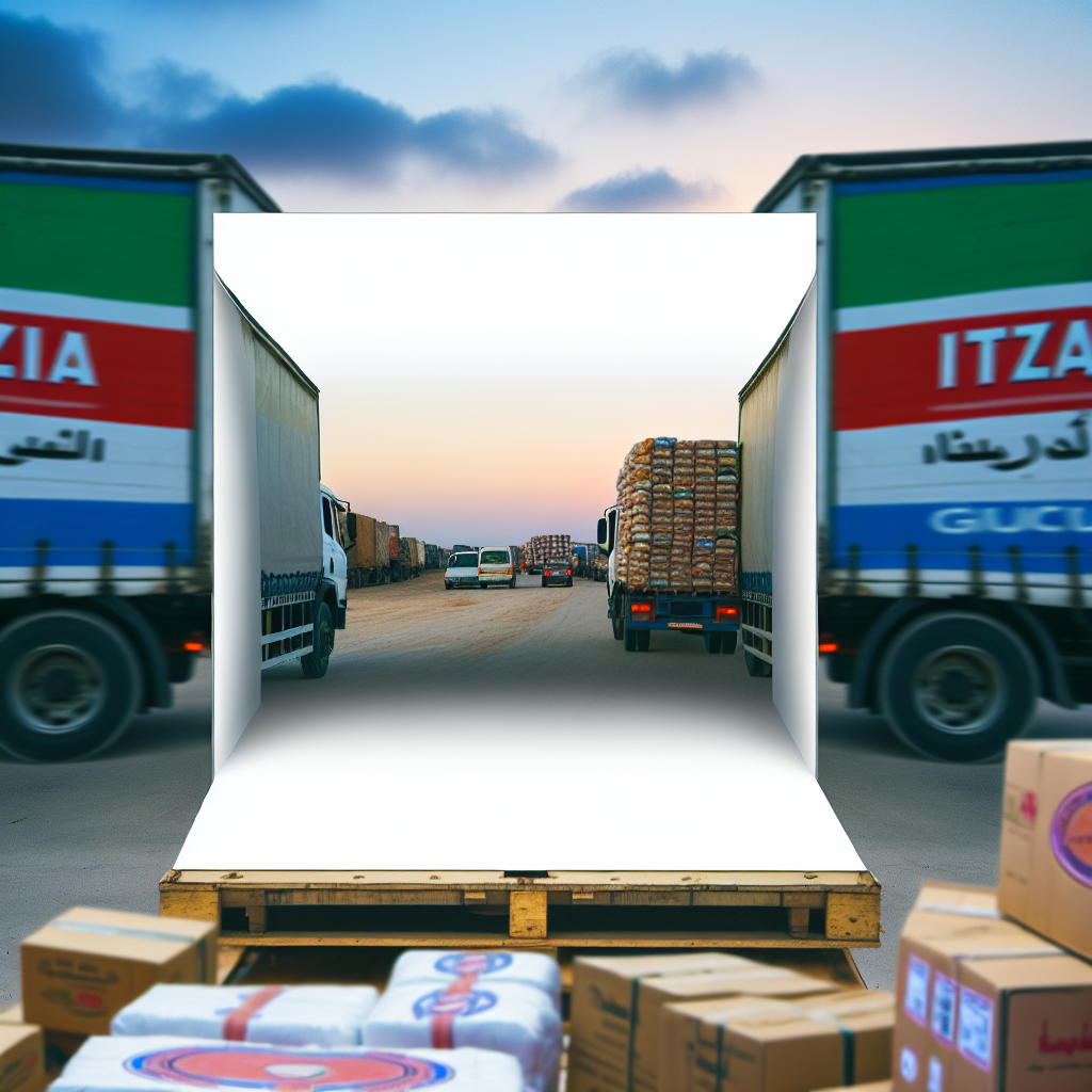 Two trucks loaded with goods on a distribution road with a backdrop of a white panel.