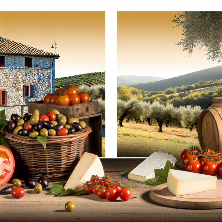 A display of various cheeses, tomatoes, olives, and a basket on a wooden table with a scenic background.