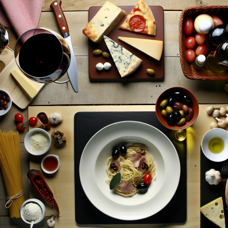 A bowl of pasta with olives, ham, and cherry tomatoes surrounded by various Italian food ingredients.