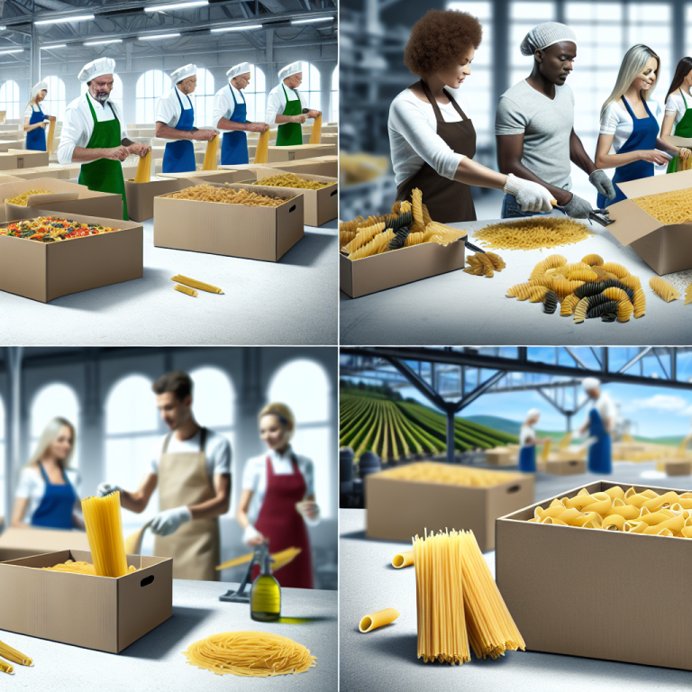 Workers in a production facility handling various types of Italian pasta in boxes.