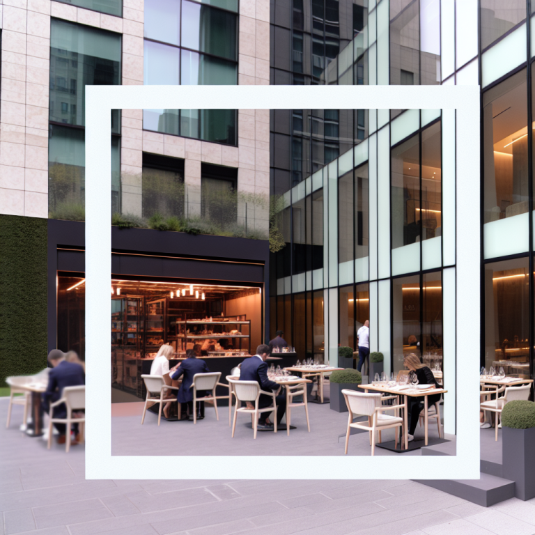 Outdoor dining area with tables and chairs in a modern restaurant setting.