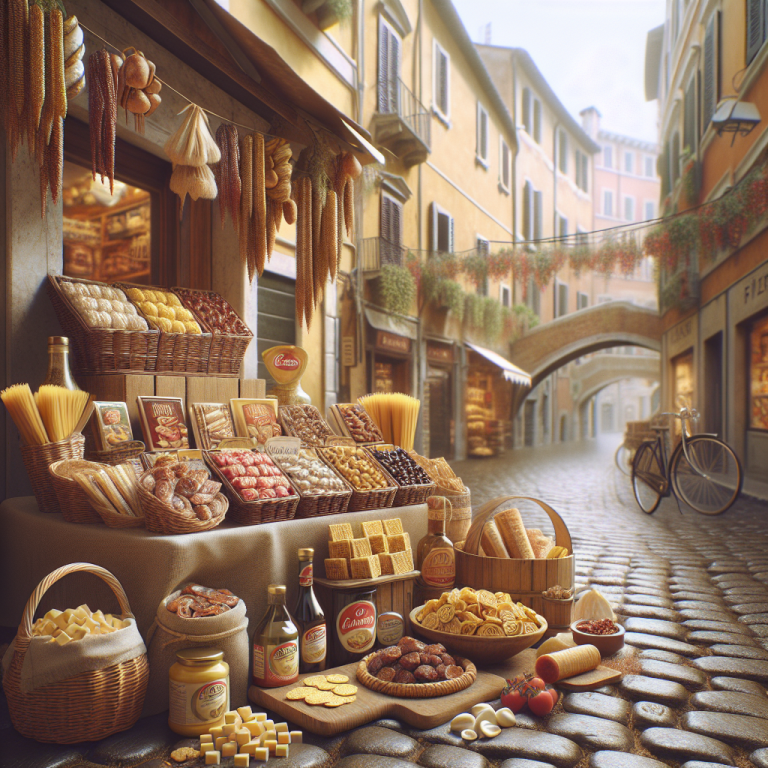 A market display featuring various Italian snacks, including pasta, cookies, and jars of preserves.