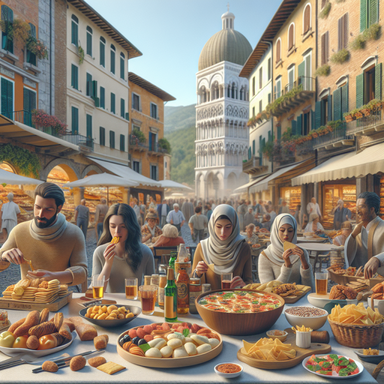 A group of people enjoying various Italian snacks at a table in a piazza setting.