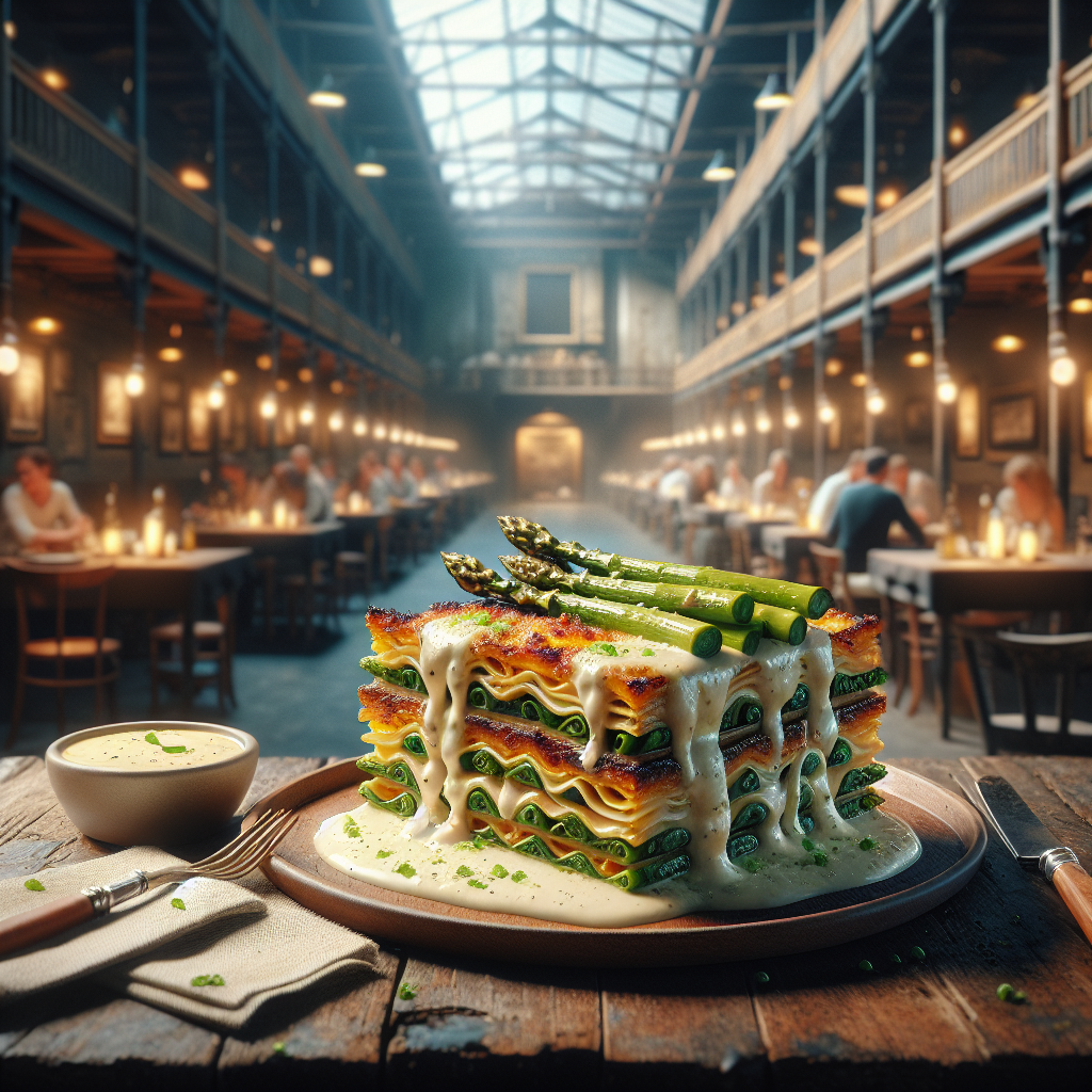 Layered lasagna featuring Carasau bread and asparagus on a wooden table.