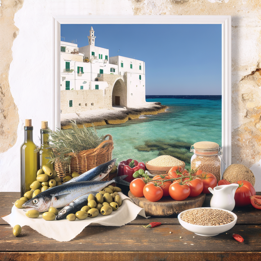 An arrangement of Mediterranean diet ingredients including fish, tomatoes, olives, and grains with a coastal backdrop.