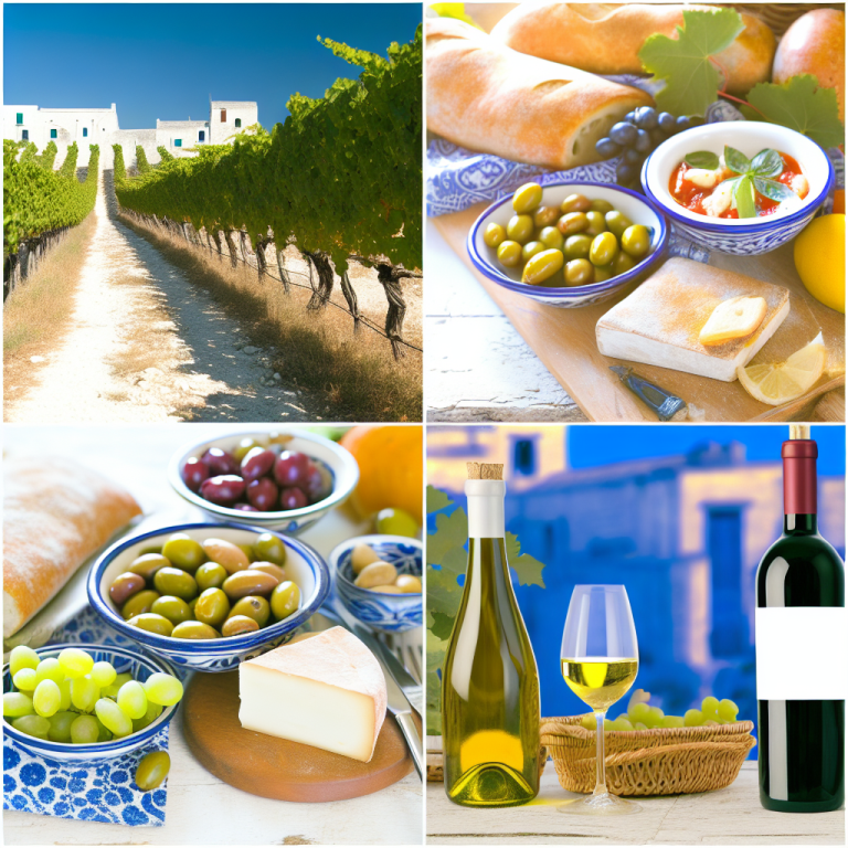 A collection of Italian food items including olives, cheese, and wine bottles on a table.