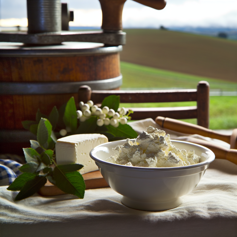 Bowl filled with ricotta cheese placed on a table with a wooden cheese block and greenery.