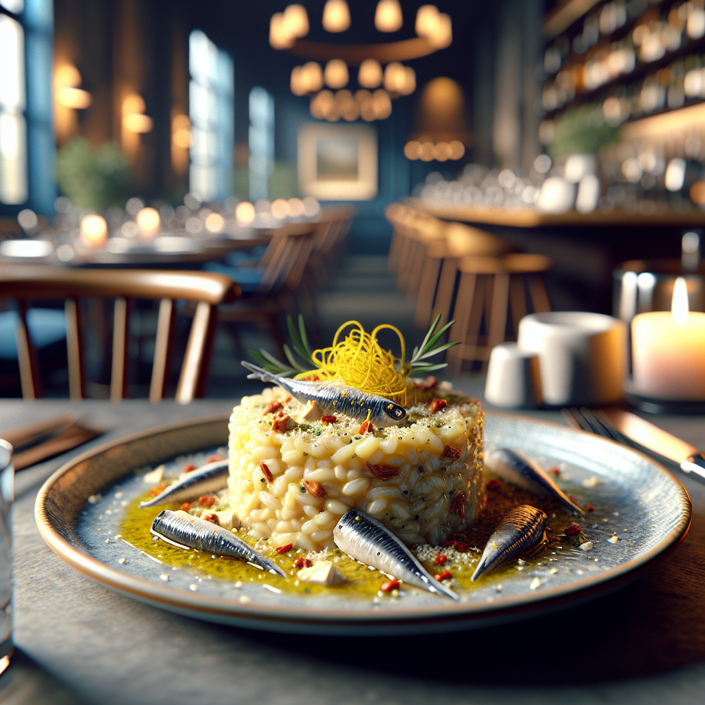 Plate of risotto topped with anchovies, crunchy peppers, and garnished with herbs.