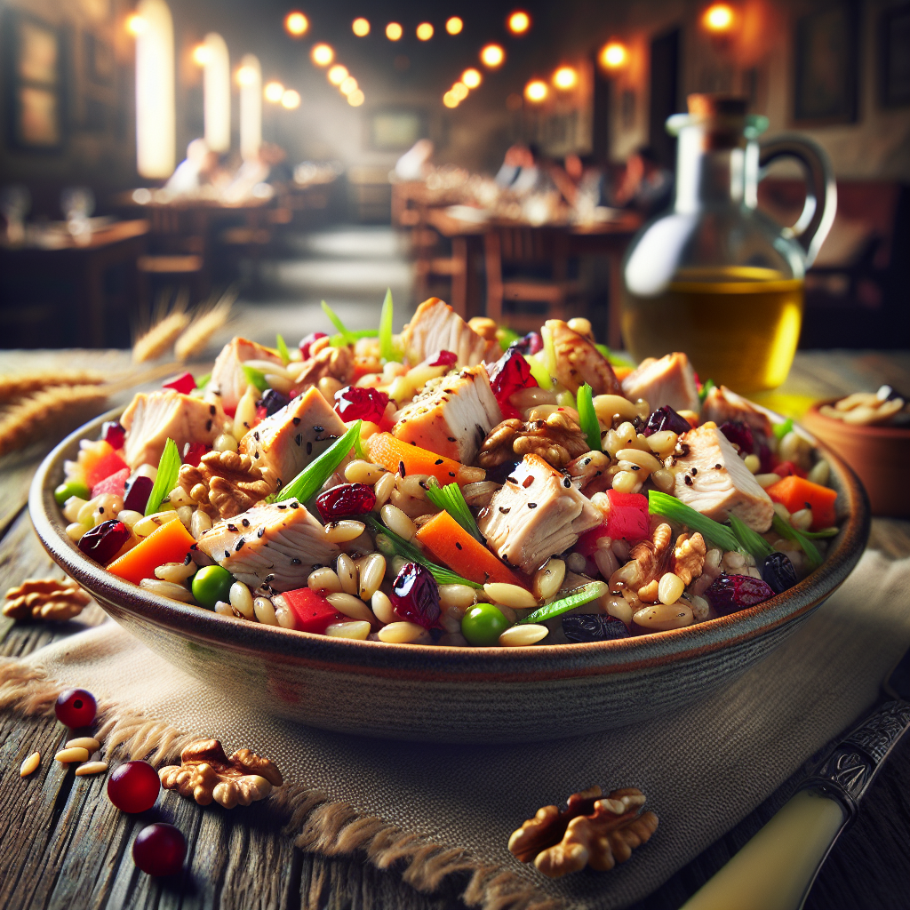A bowl of colorful salad featuring grilled chicken, nuts, and various vegetables on a wooden table.