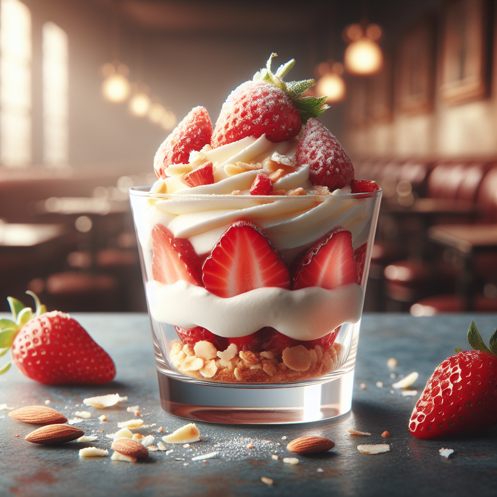 A dessert cup filled with layers of strawberries, cream, and almond pieces, topped with fresh strawberries.