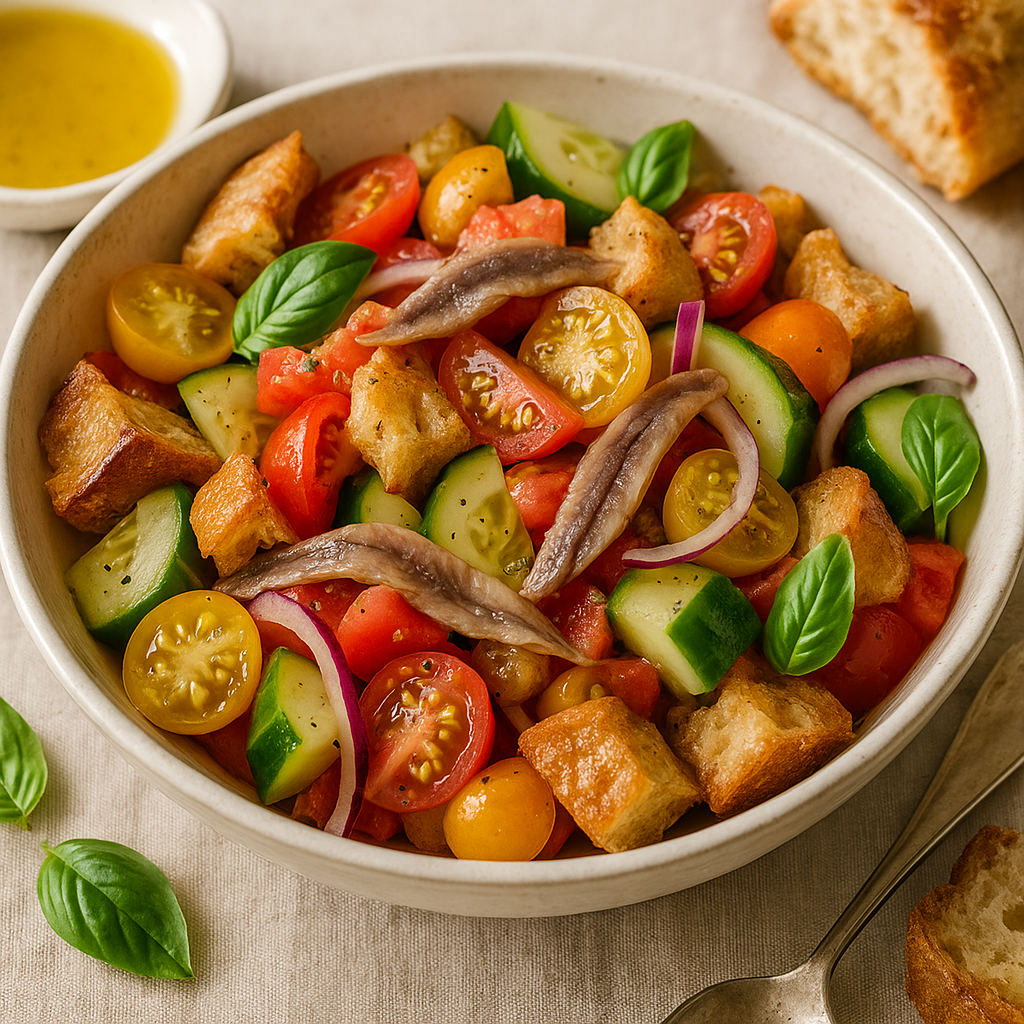 Bowl of panzanella salad featuring tomatoes, cucumbers, bread, and anchovies.
