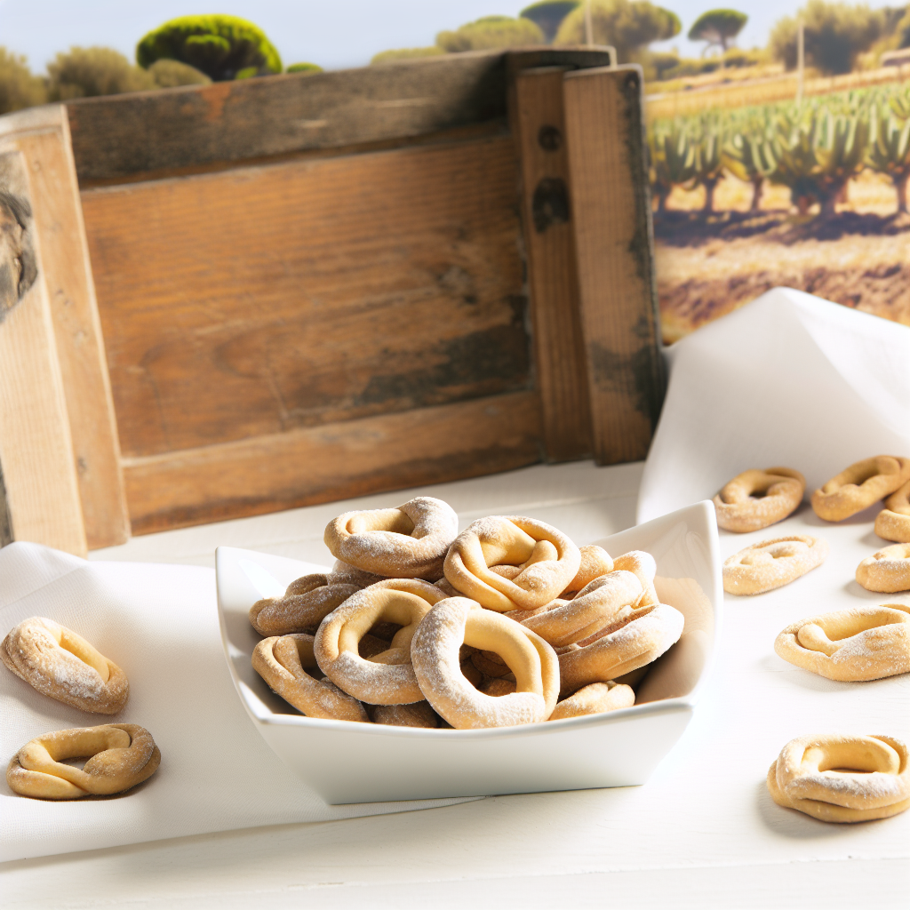 A bowl filled with taralli, a traditional Italian snack, placed on a white tablecloth.