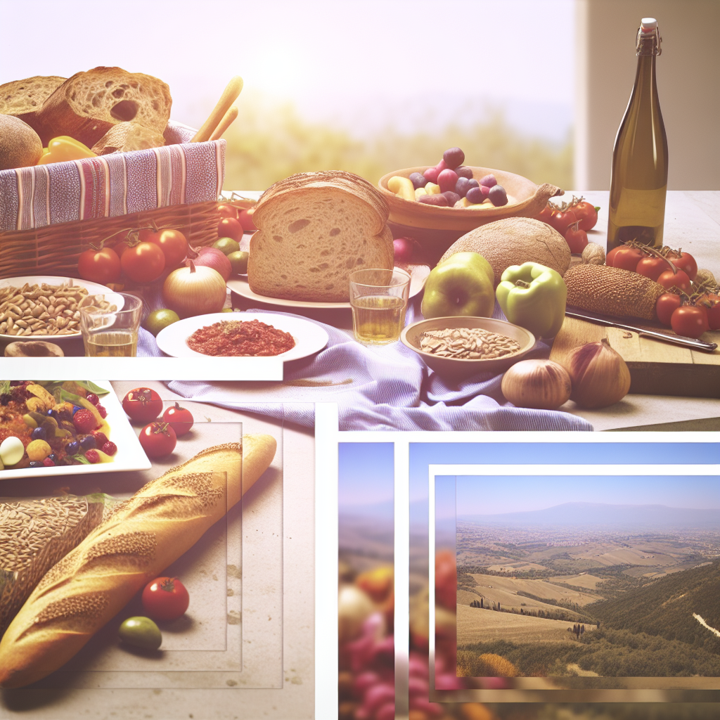 A variety of Italian food ingredients including bread, vegetables, and wine displayed on a table.