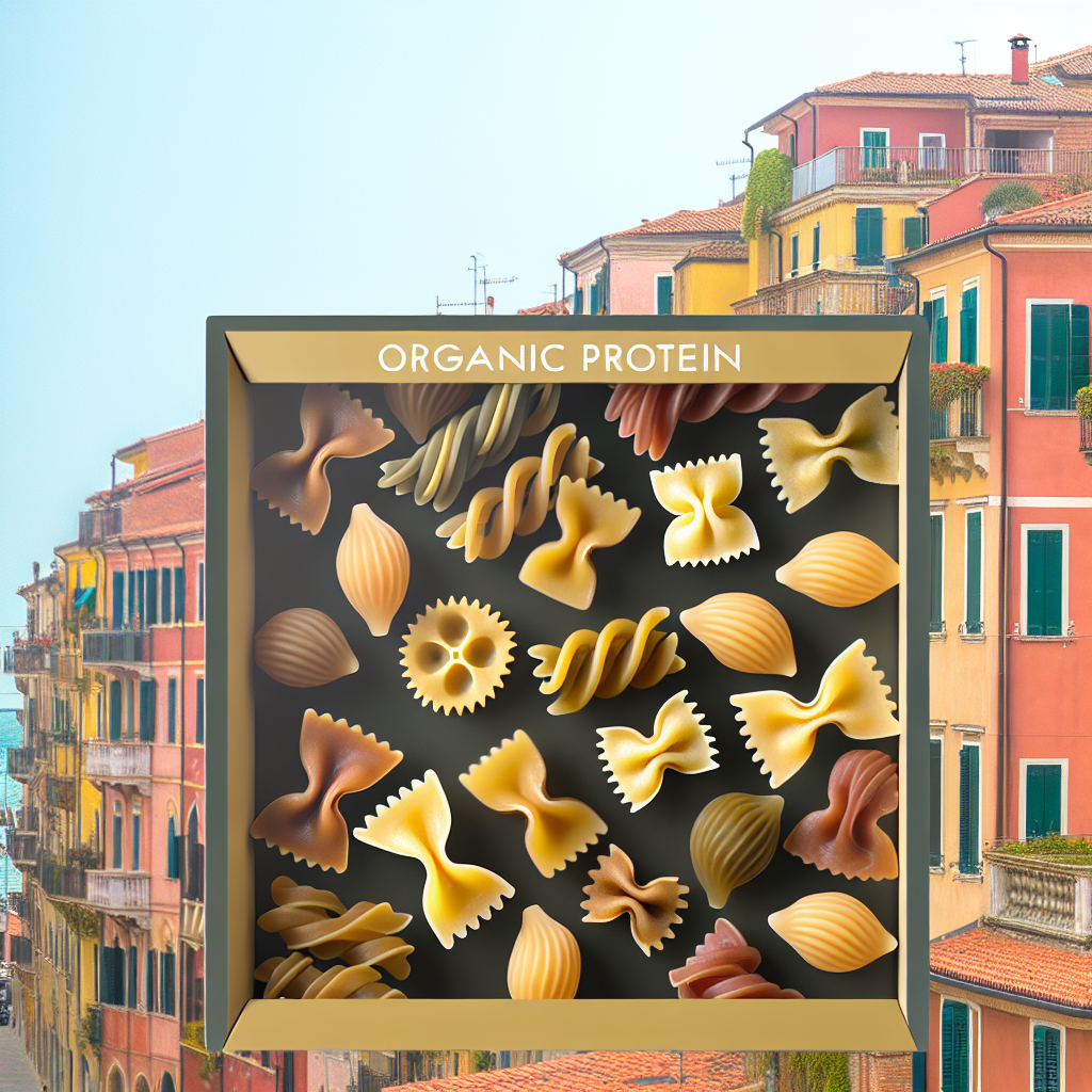 A variety of organic protein pasta shapes displayed in a box with the label 'Organic Protein'.