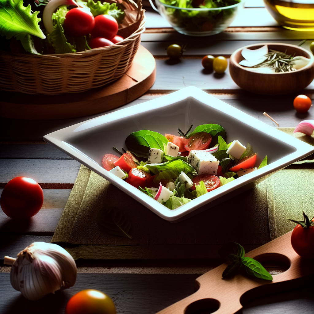 A bowl of mixed salad featuring tomatoes, feta cheese, and fresh greens on a wooden table.