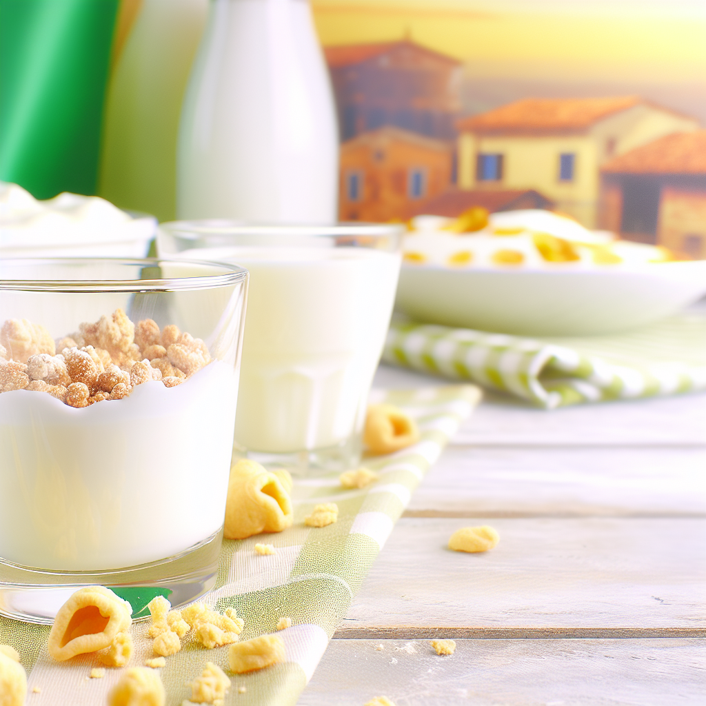 A glass container filled with yogurt and topped with granola, placed on a table with other dairy products.