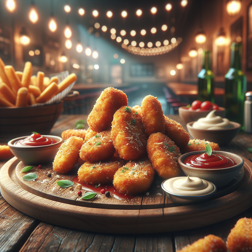 A plate of golden fried chicken nuggets served with ketchup and mayonnaise on a wooden table.