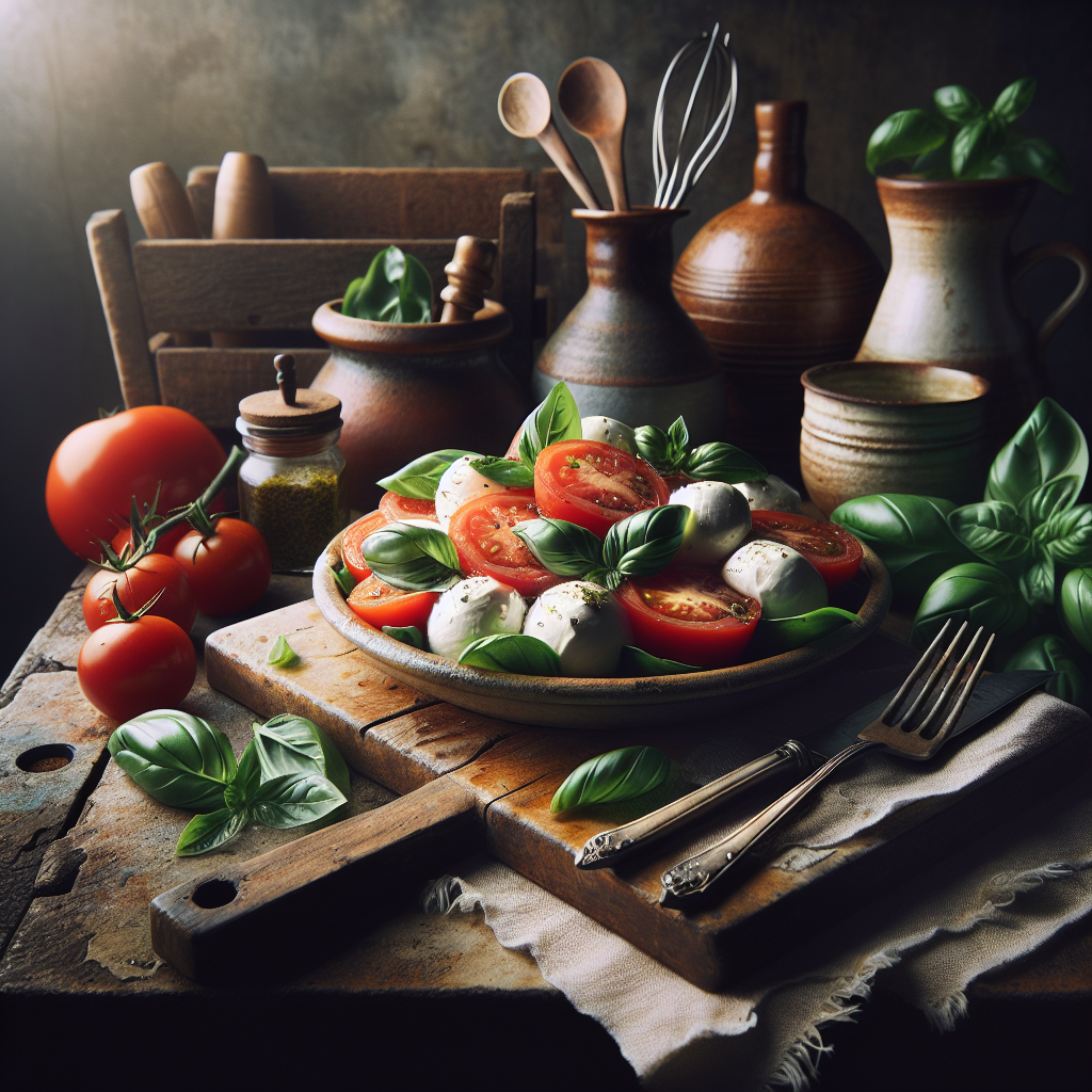 Plate of Caprese salad featuring sliced tomatoes, mozzarella, and fresh basil leaves.