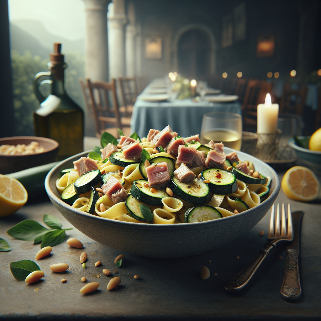 Bowl of cold pasta with tuna, zucchini, and garnished with pine nuts and basil leaves.