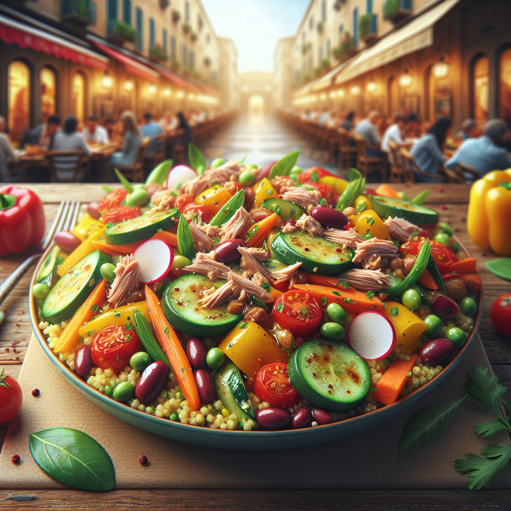 A plate of couscous topped with assorted vegetables and tuna, presented in a vibrant arrangement.