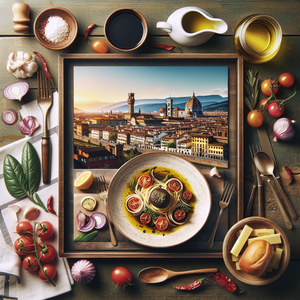 A plate of pasta with cherry tomatoes and herbs, framed by a view of Florence's skyline.