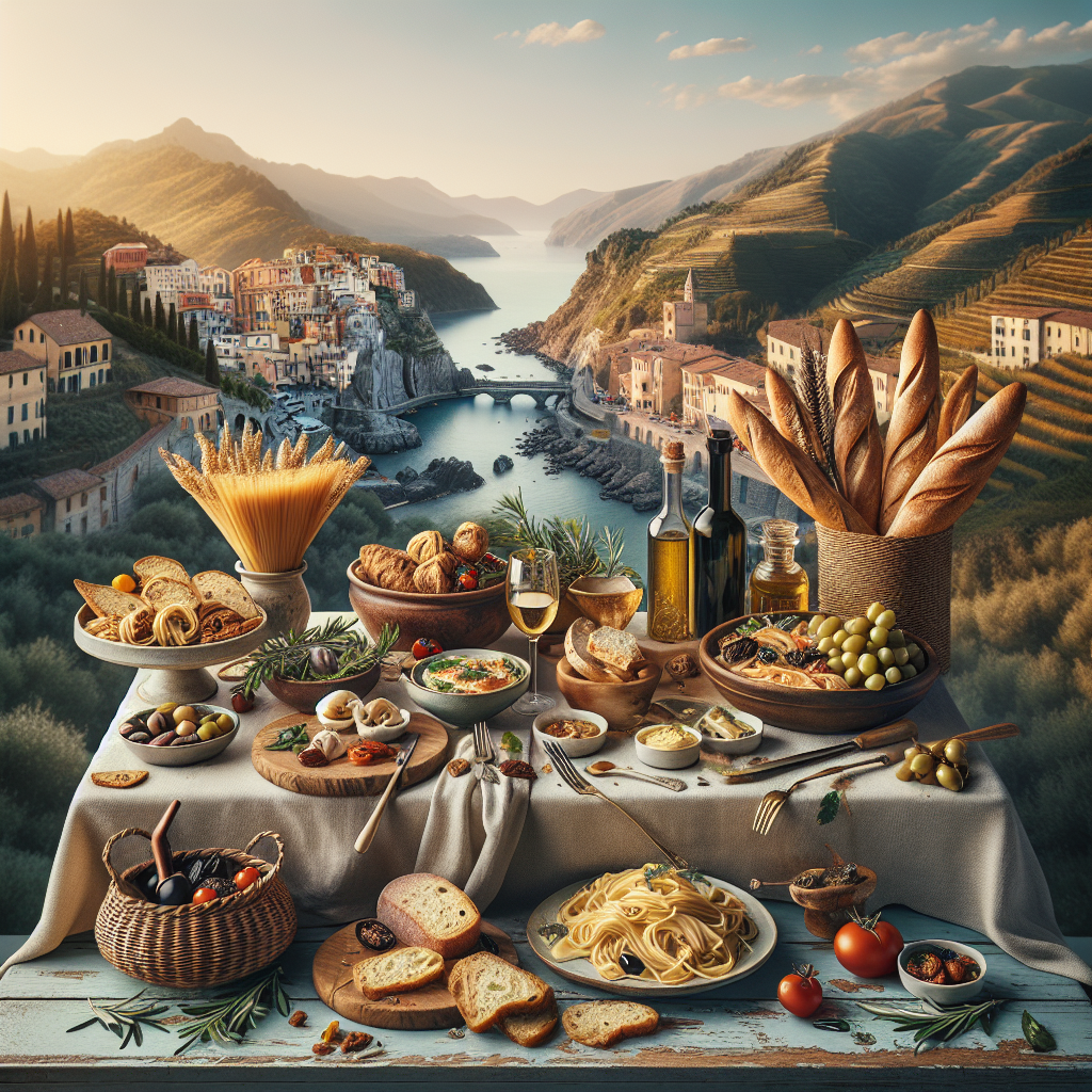 A variety of Italian dishes including pasta, bread, olives, and wine displayed on a table.