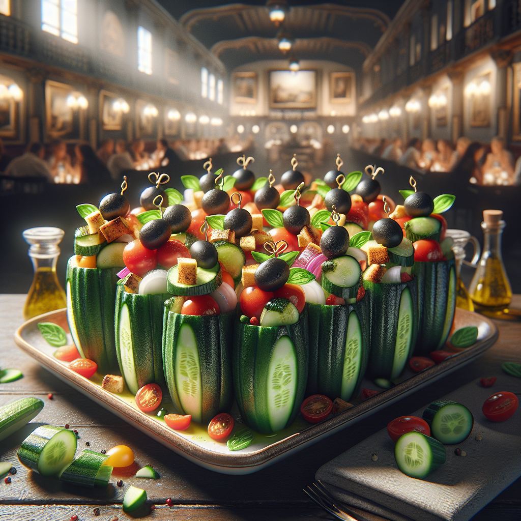 Cucumber boats filled with assorted vegetables, olives, and garnishes arranged on a platter.