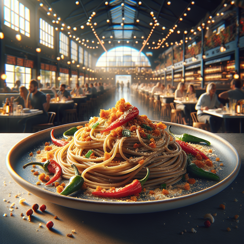 Plate of spaghetti topped with crunchy peppers and breadcrumbs in a restaurant setting.