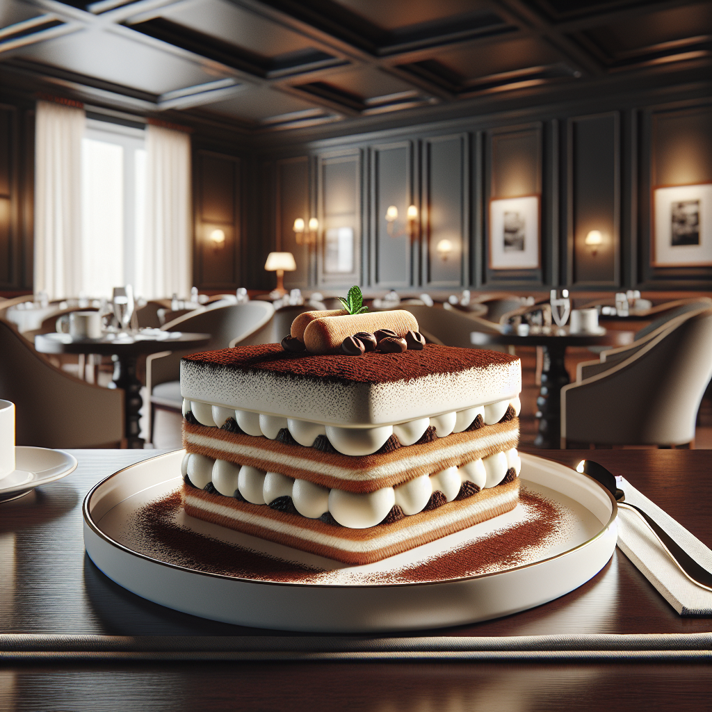 A layered vegan tiramisu dessert with cocoa powder and coffee beans on top, presented on a plate.