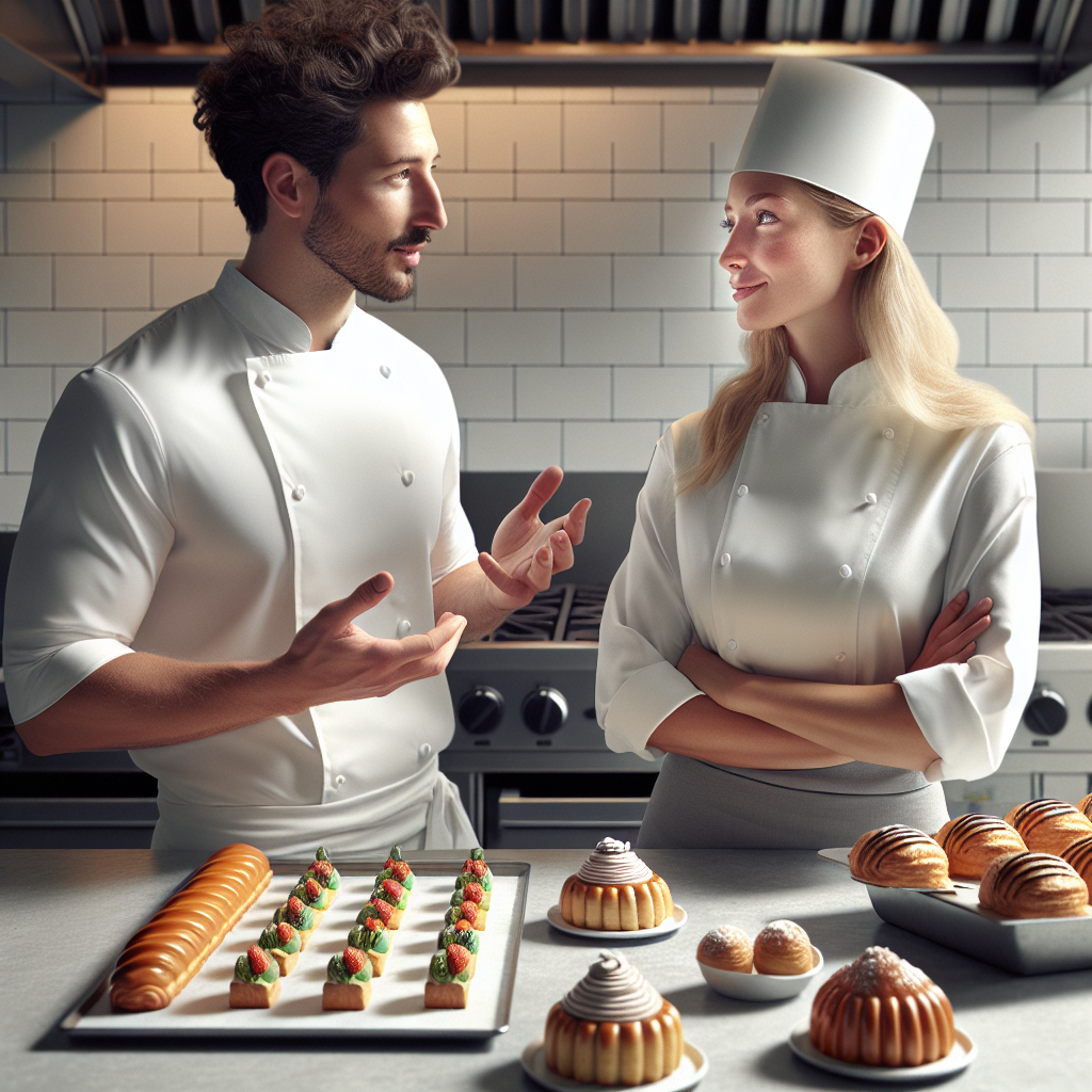 Two chefs in a kitchen discussing pastry items with various desserts displayed on the counter.