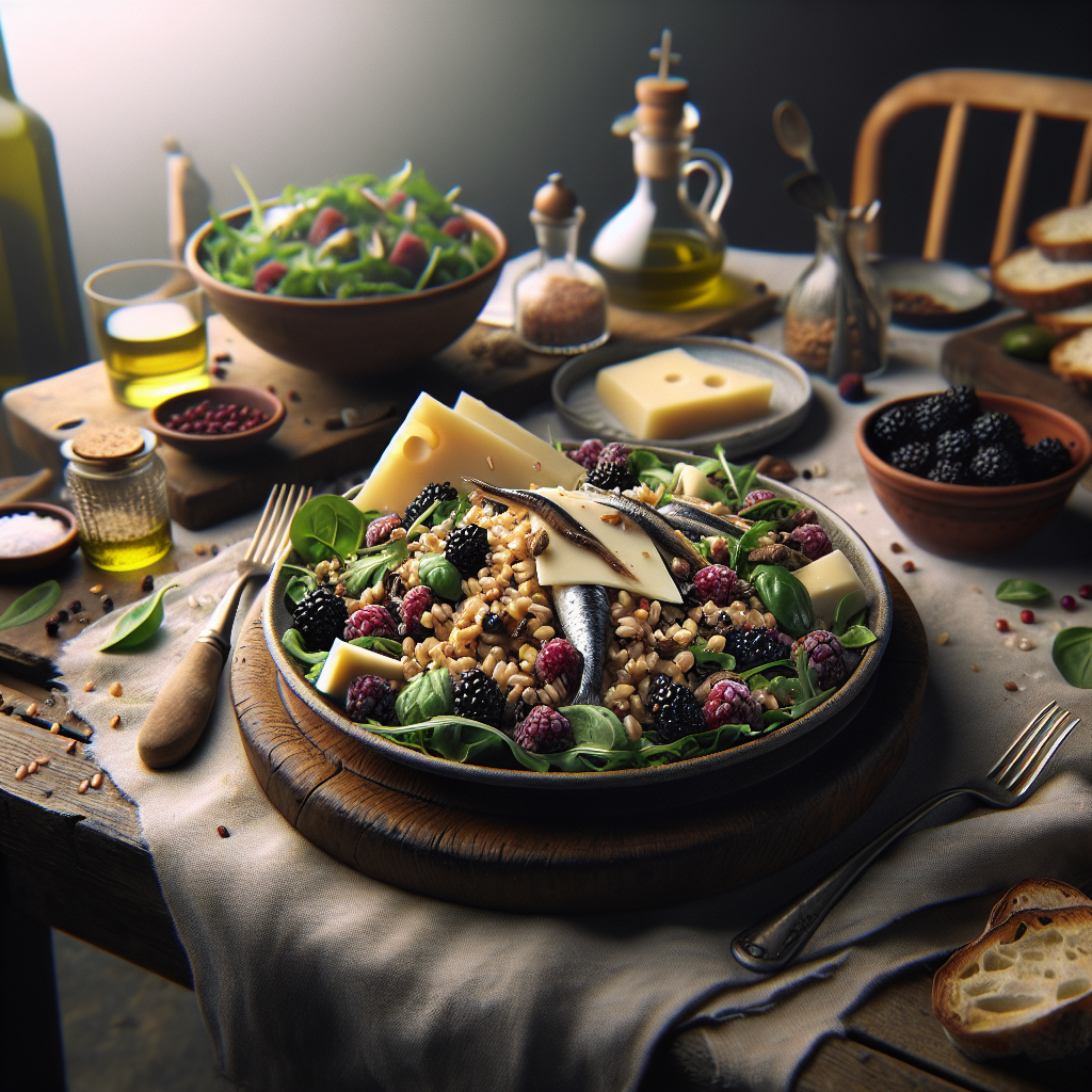 Farro salad featuring Primosale cheese, blackberries, and anchovies on a wooden plate.