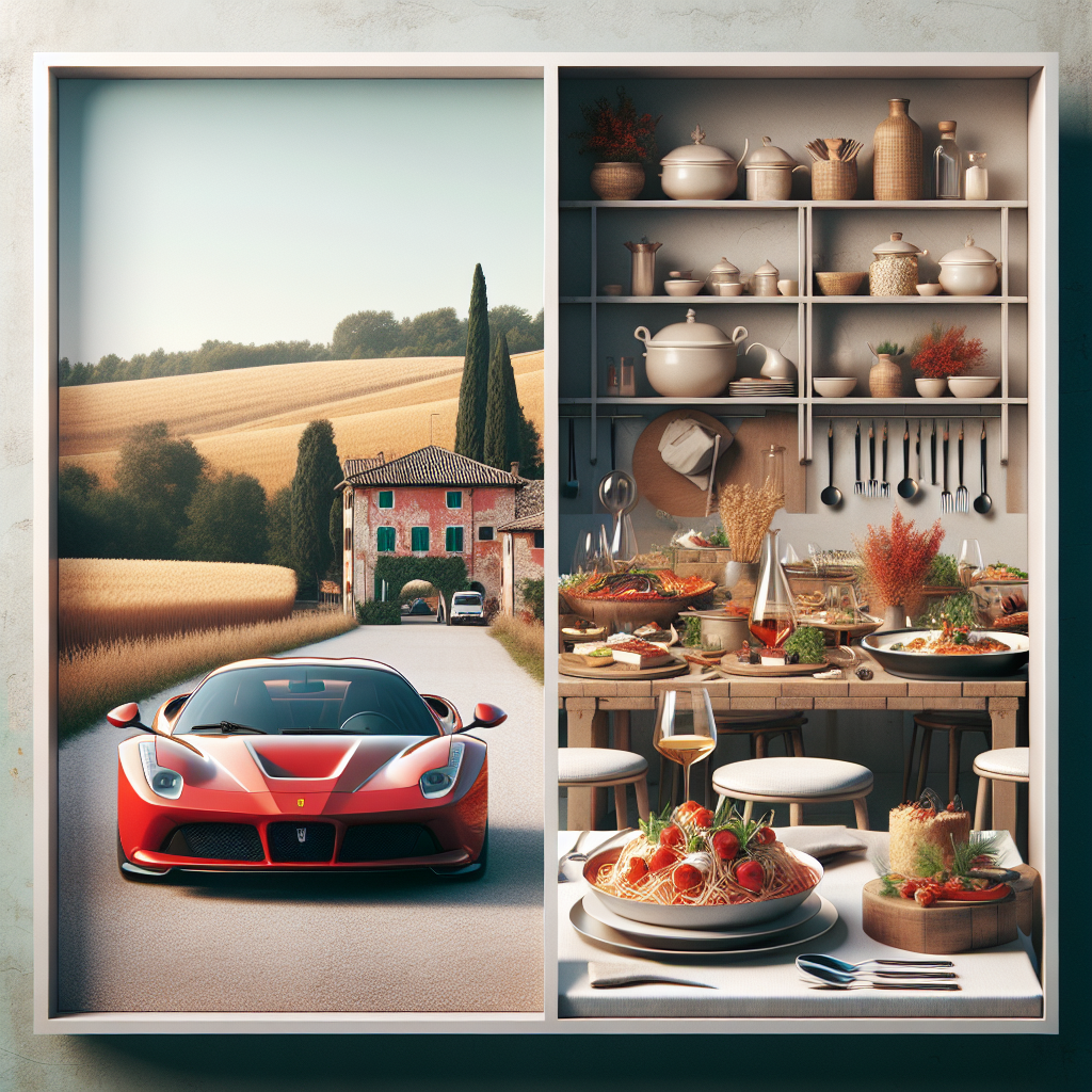 A Ferrari LaFerrari parked near a rustic Italian villa with a display of Italian dishes on a dining table.