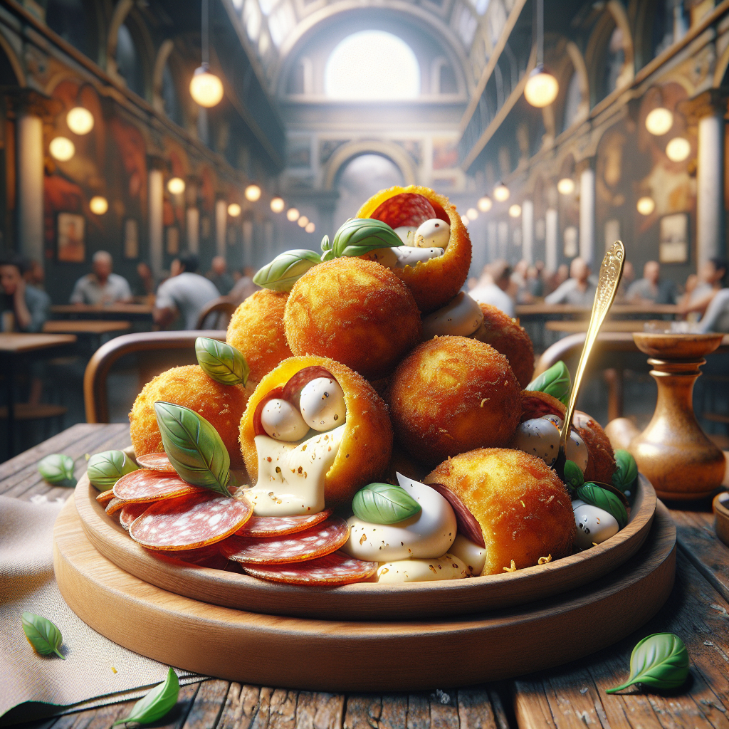 A plate filled with fried cheese balls, salami slices, and fresh herbs on a wooden table.