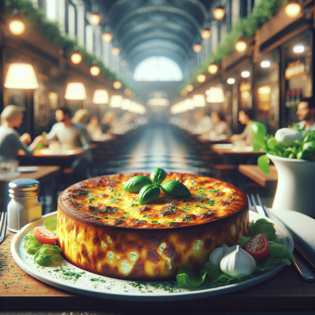 A frittata made with ricotta cheese, garnished with basil and served on a plate with vegetables.