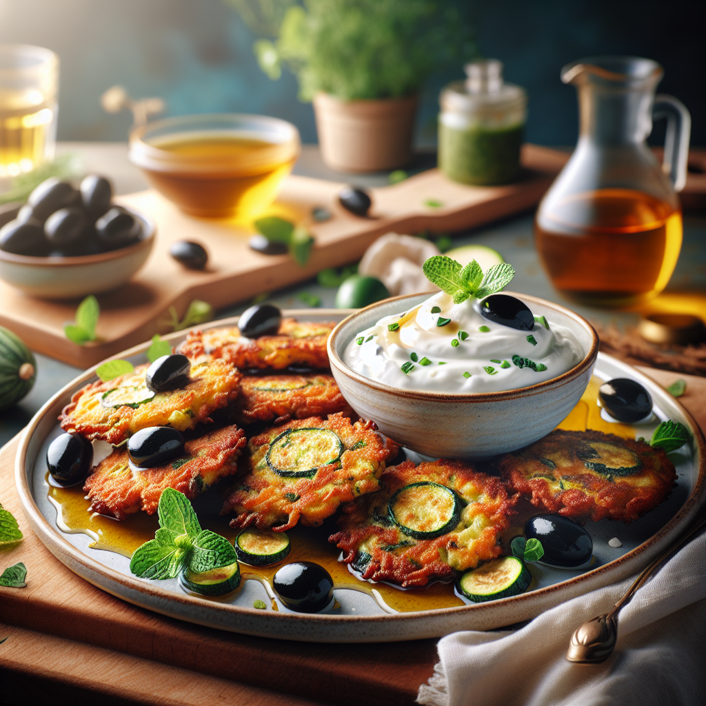 Plate of zucchini and feta fritters garnished with olives and yogurt sauce.