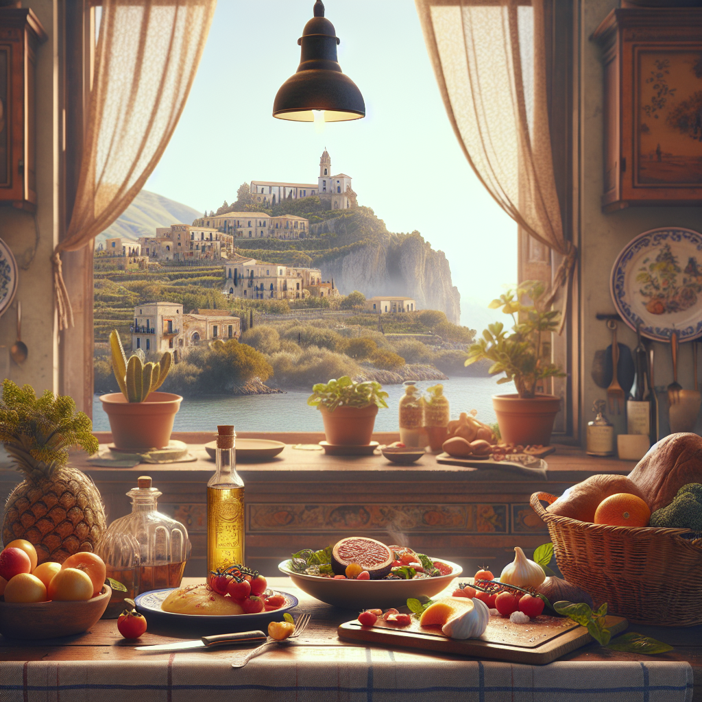 A kitchen counter displaying fresh fruits, vegetables, and olive oil with a scenic view of a Sicilian landscape.