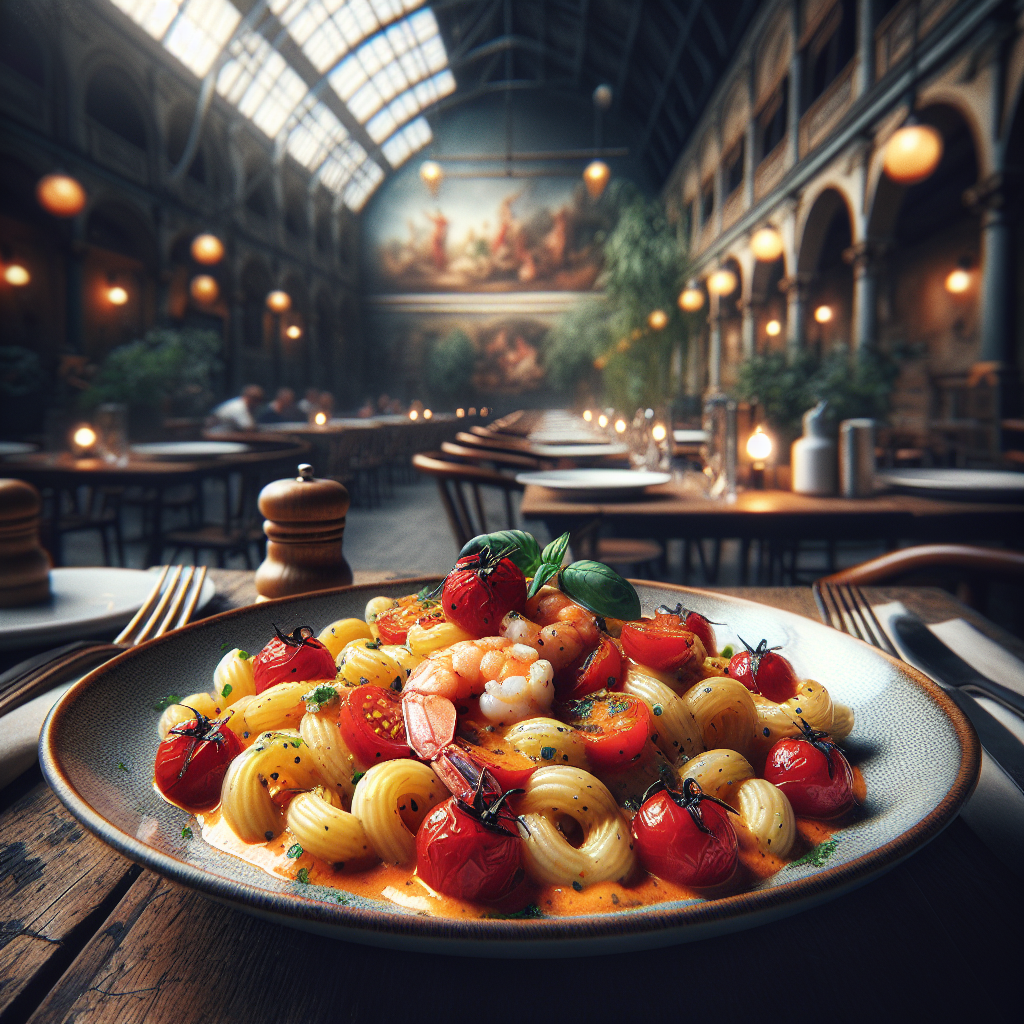 Plate of gnocchetti sardi pasta with bell pepper cream, cherry tomatoes, and shrimp on a wooden table.