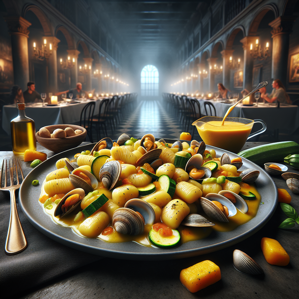 Plate of gnocchi served with clams, zucchini, and yellow tomatoes in a dining setting.