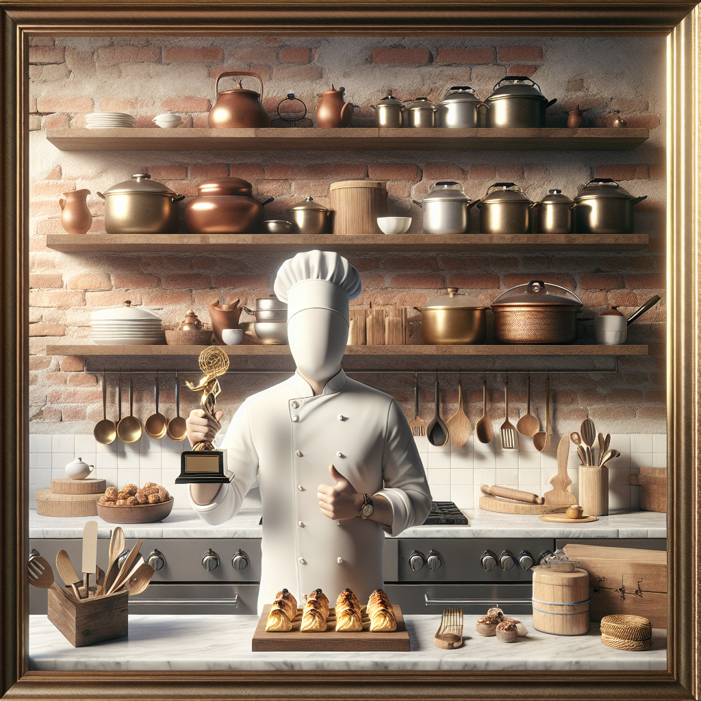 A chef in a white uniform holding a trophy in a kitchen with various cookware and utensils.