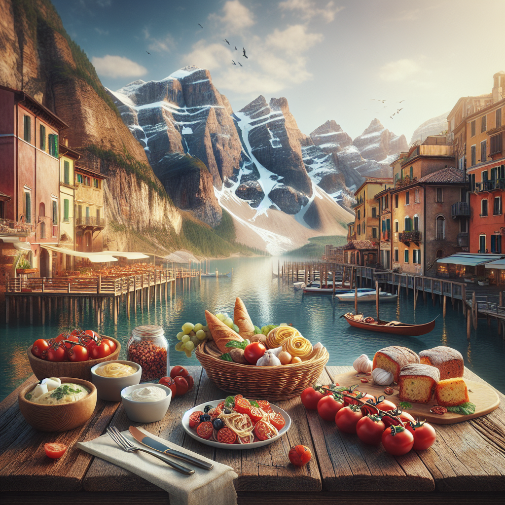 A variety of Italian food items arranged on a wooden table near a scenic lake and mountains.