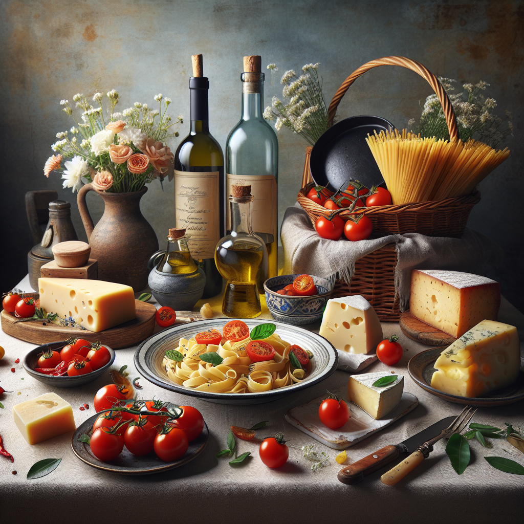 An arrangement of Italian food ingredients including pasta, tomatoes, cheese, and bottles of olive oil.