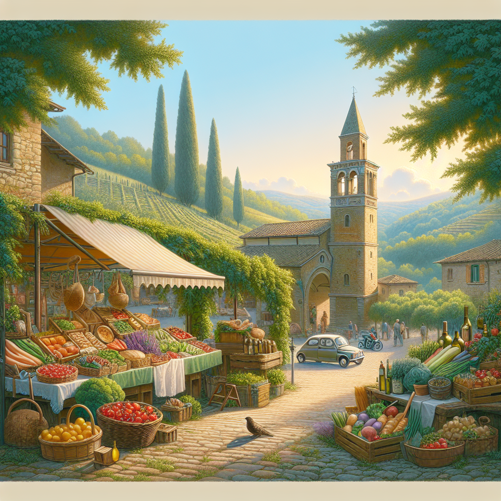 Market stall displaying various fruits and vegetables in an Italian village setting.