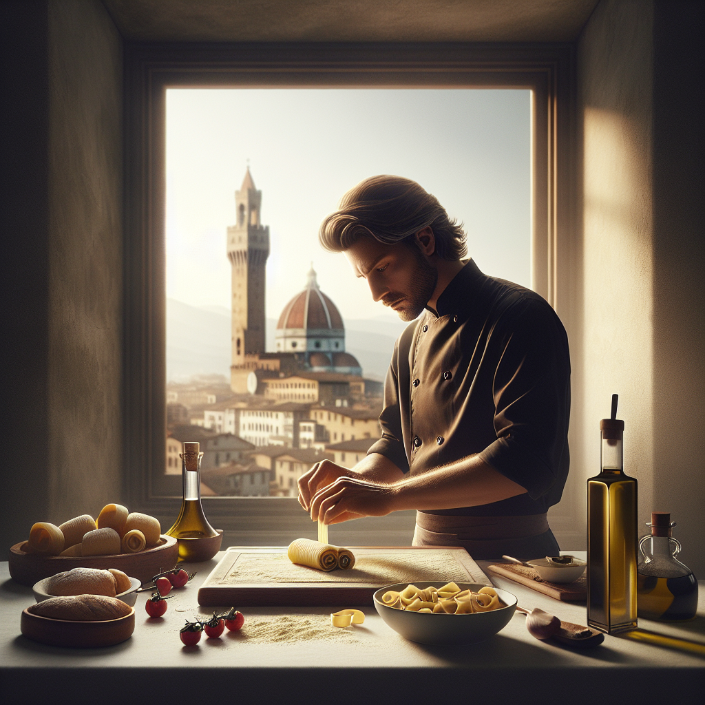 Chef Alessio Pirozzi preparing pasta on a countertop with various ingredients in an Italian kitchen.